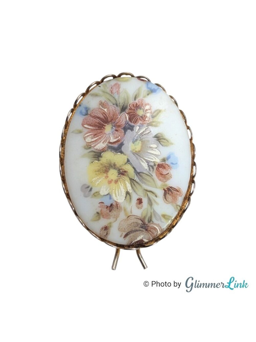 Vintage 1970s Floral Porcelain Hair Barrette Gold Tone Oval Hair Clip